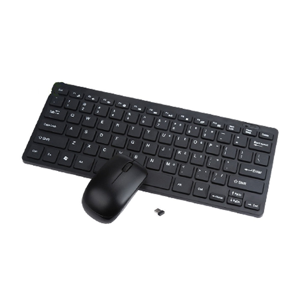 An Apple wireless keyboard and mouse on a white background, with the keyboard having a black silicone dust protector on the right side.