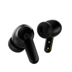 Black wireless earbuds on a white background