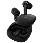 Black wireless earbuds with charging case on a white background, featuring the Audionic brand.