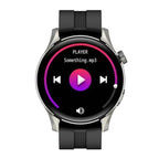 Smartwatch displaying a music player interface on a white background