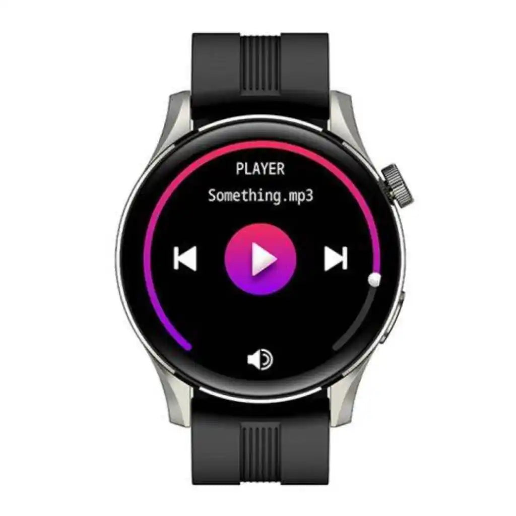 Smartwatch displaying a music player interface on a white background
