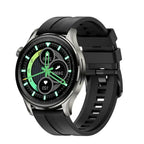 Smartwatch with black strap and green digital display on a white background