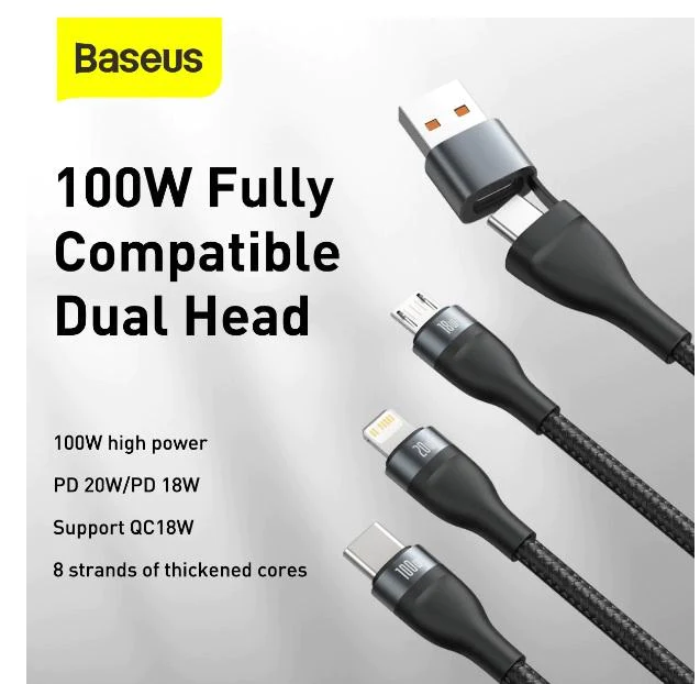 Baseus Flash Series Ⅱ Two for three Charging Cable U+C to M+L+C 100W Black