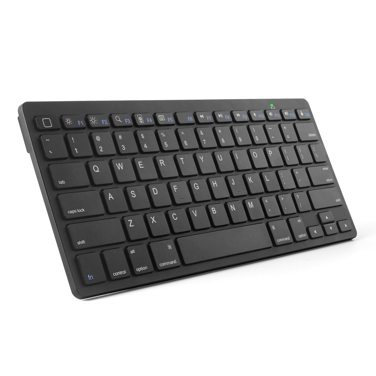 A black Bluetooth keyboard with low-profile keys and a blue LED indicator light.