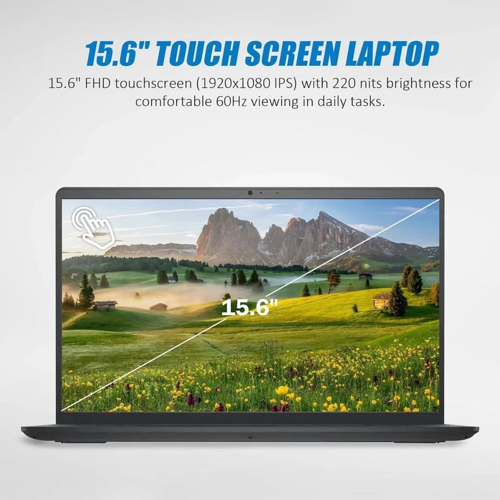 15.6" touchscreen laptop with scenic display on a white background