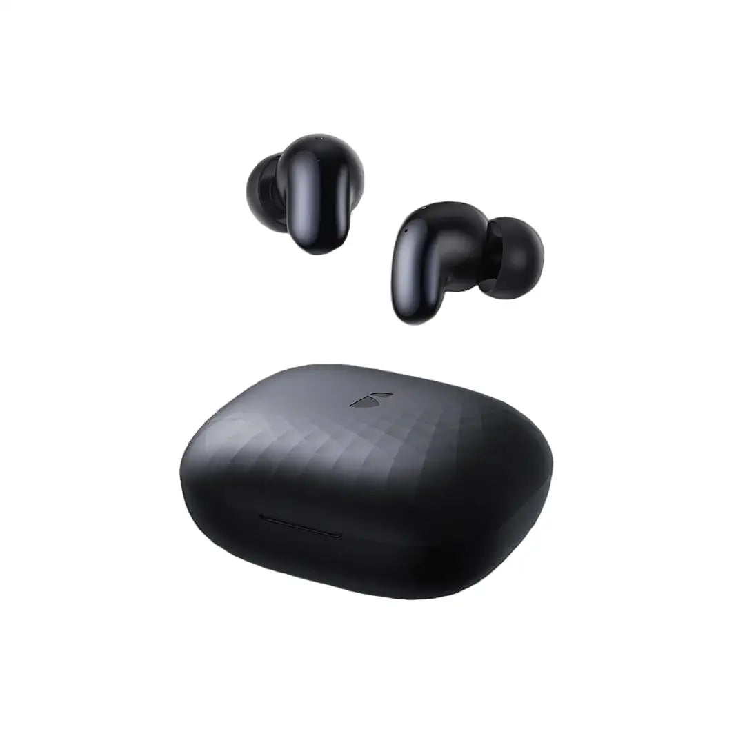 Black wireless earbuds with charging case on a white background
