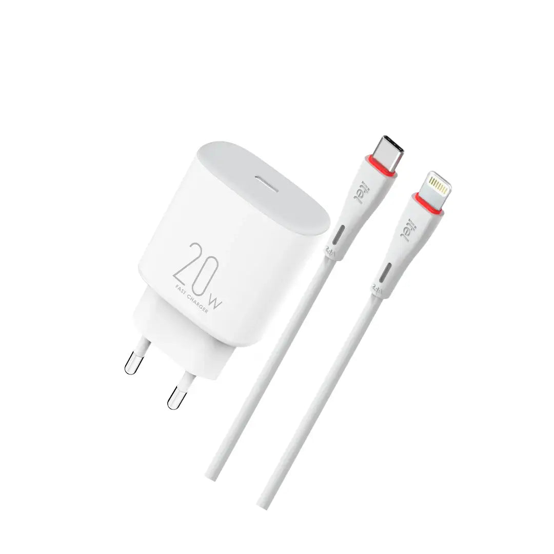 White charging adapter with two cables on a white background