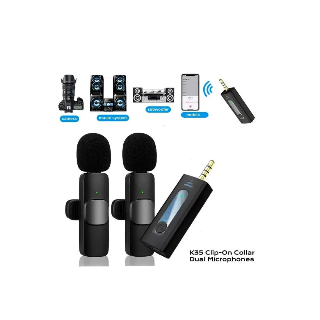 K35 Clip-On Collar Dual Microphones with wireless system components on a white background