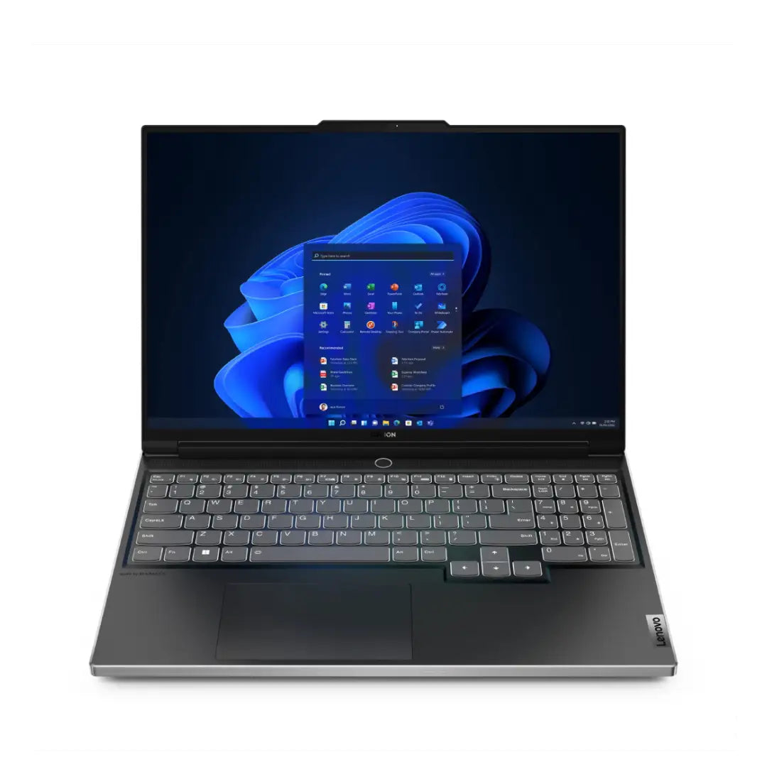 Laptop with a blue abstract design on the screen on a white background