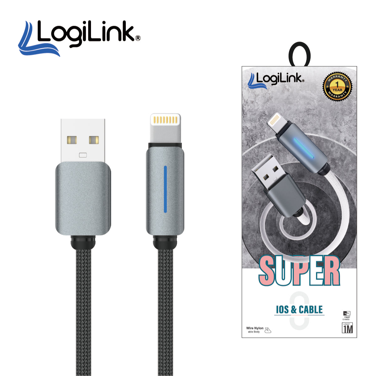 LOGILINK USB TO LIGHTNING NYLON FAST CHARGING DATA CABLE WITH LIGHT 1M (1 YEAR WARRANTY) GREY