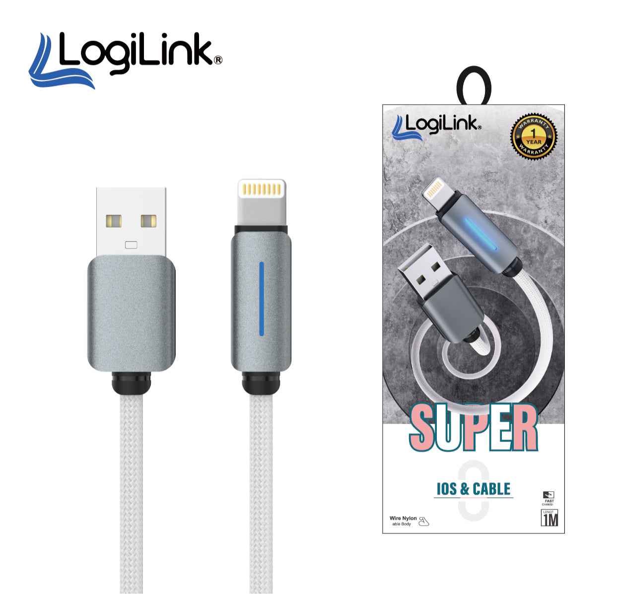 LOGILINK USB TO LIGHTNING NYLON FAST CHARGING DATA CABLE WITH LIGHT 1M (1 YEAR WARRANTY) WHITE