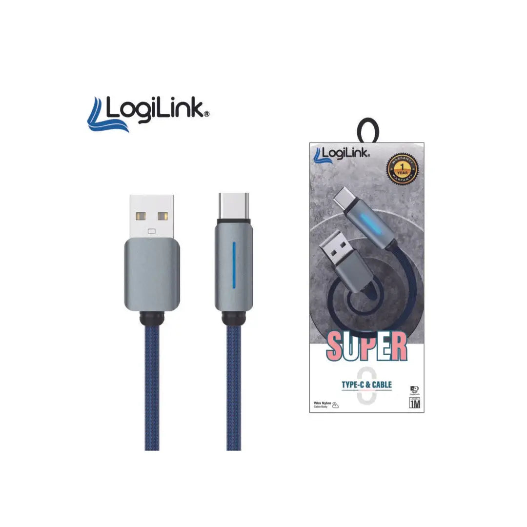 LOGILINK USB TO TYPE C NYLON FAST CHARGING DATA CABLE WITH LIGH 1M (1 YEAR WARRANTY) BLUE