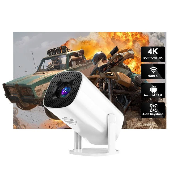 Portable projector with a displayed image of a car crash scene on the screen, indicating 4K and Wi-Fi 6 connectivity.