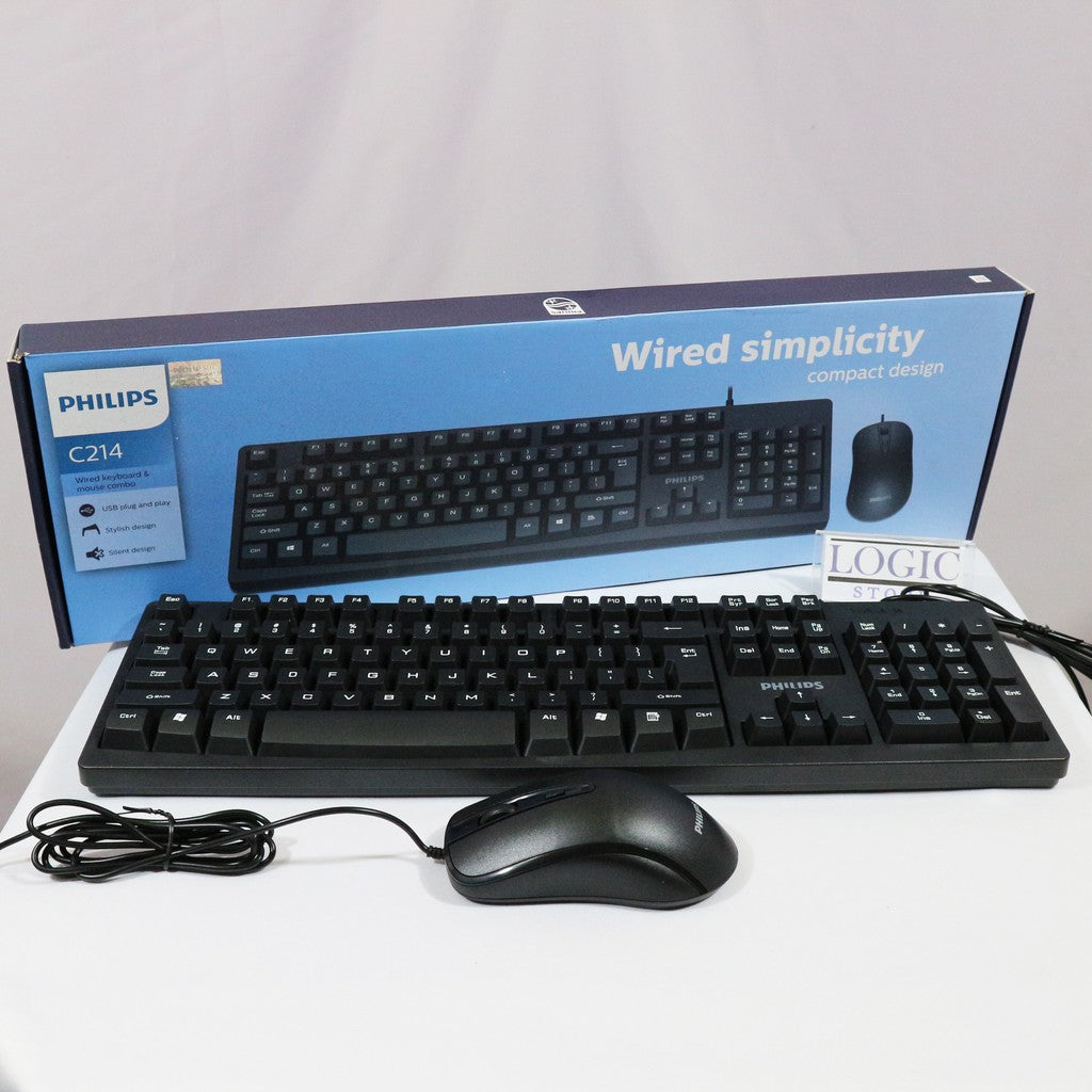 Philips C214 Wired Keyboard and Mouse Combo – Full-Size Ergonomic Design, Adjustable 1600 DPI & Quiet Keys