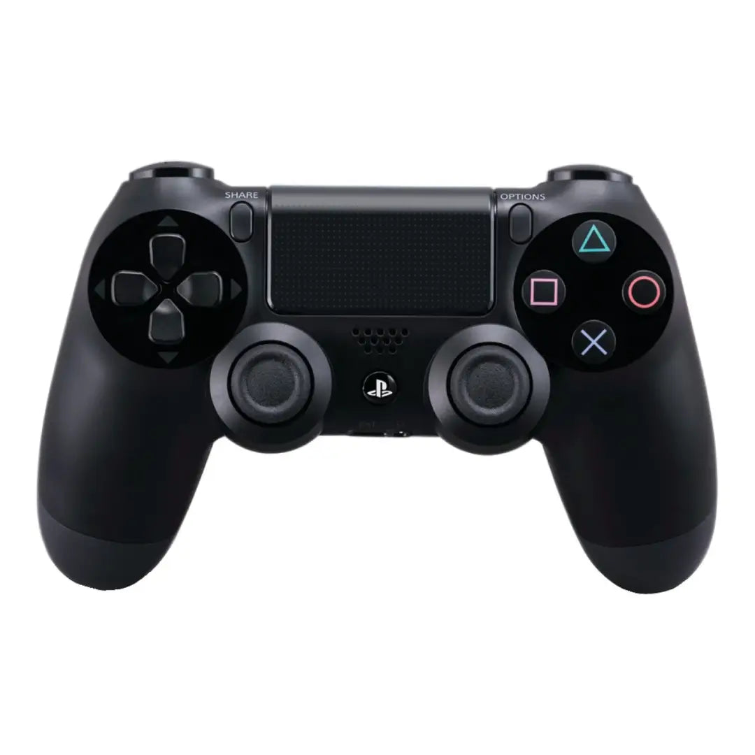 Black gaming controller with PlayStation logo on a white background