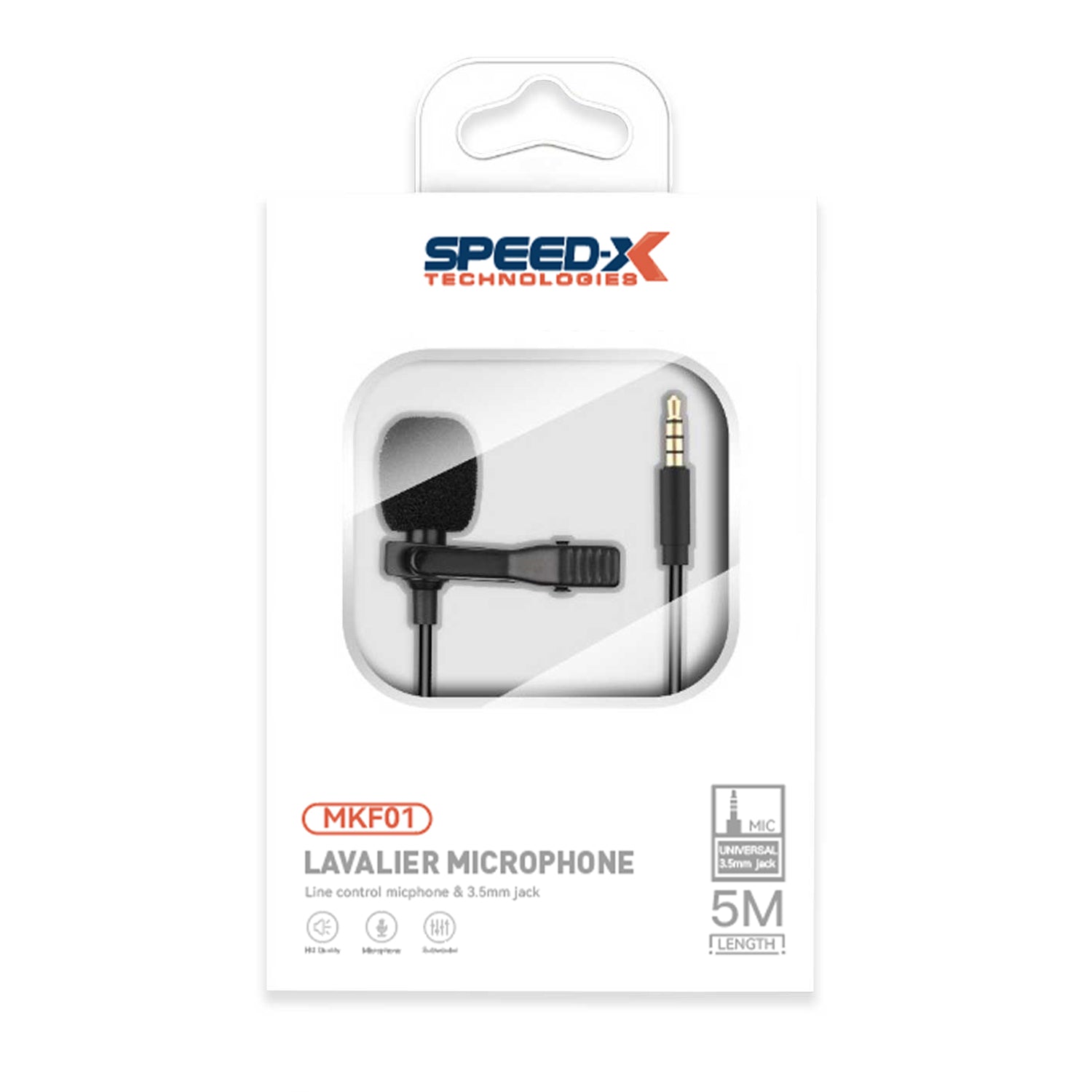 A SPEED-X brand lavalier microphone with a 5M cable, packaged in a clear plastic case with the microphone visible in the center. The packaging is labeled with '5M' and has the SPEED-X logo at the top.