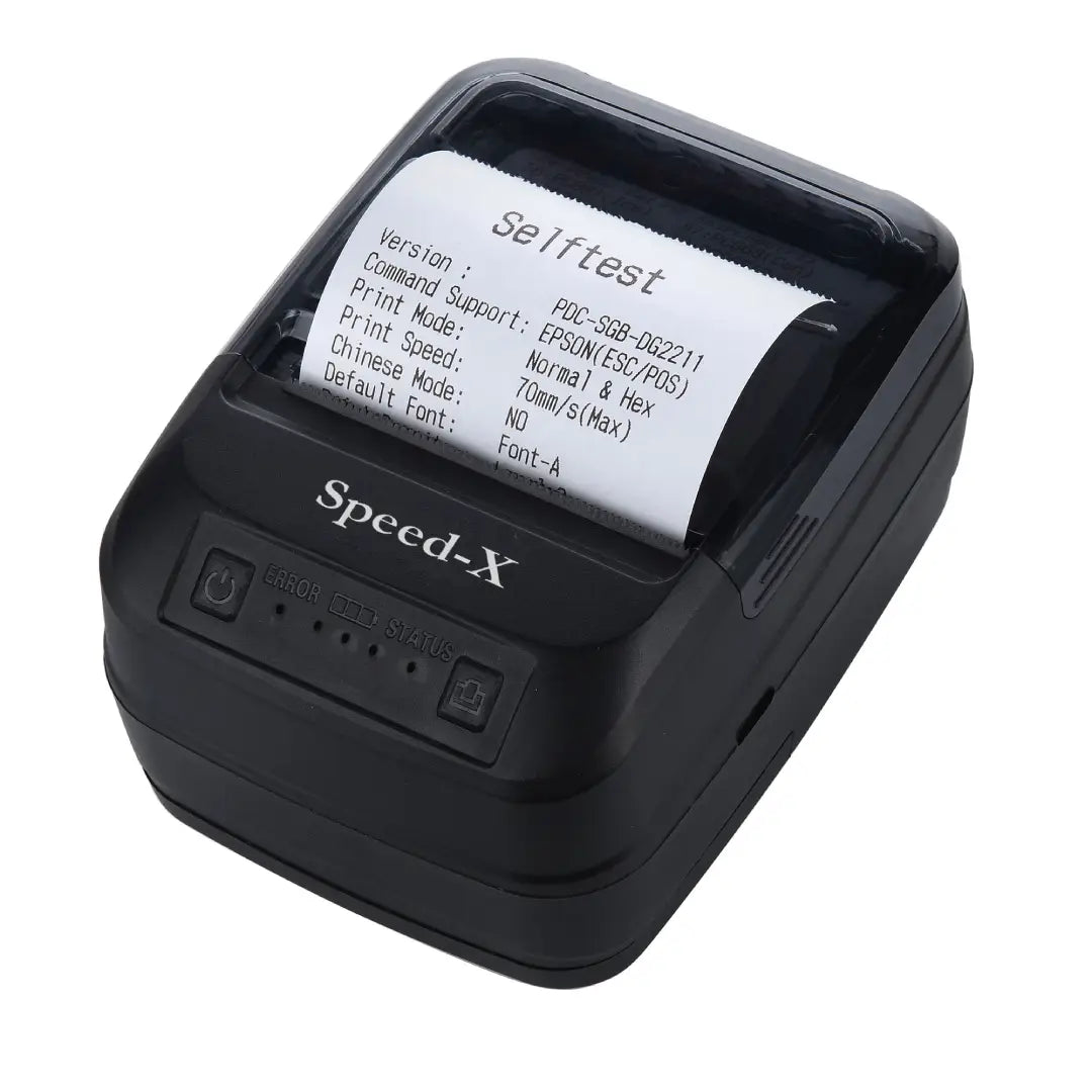 BlackSpeed-X portable printer with a printed label on a white background