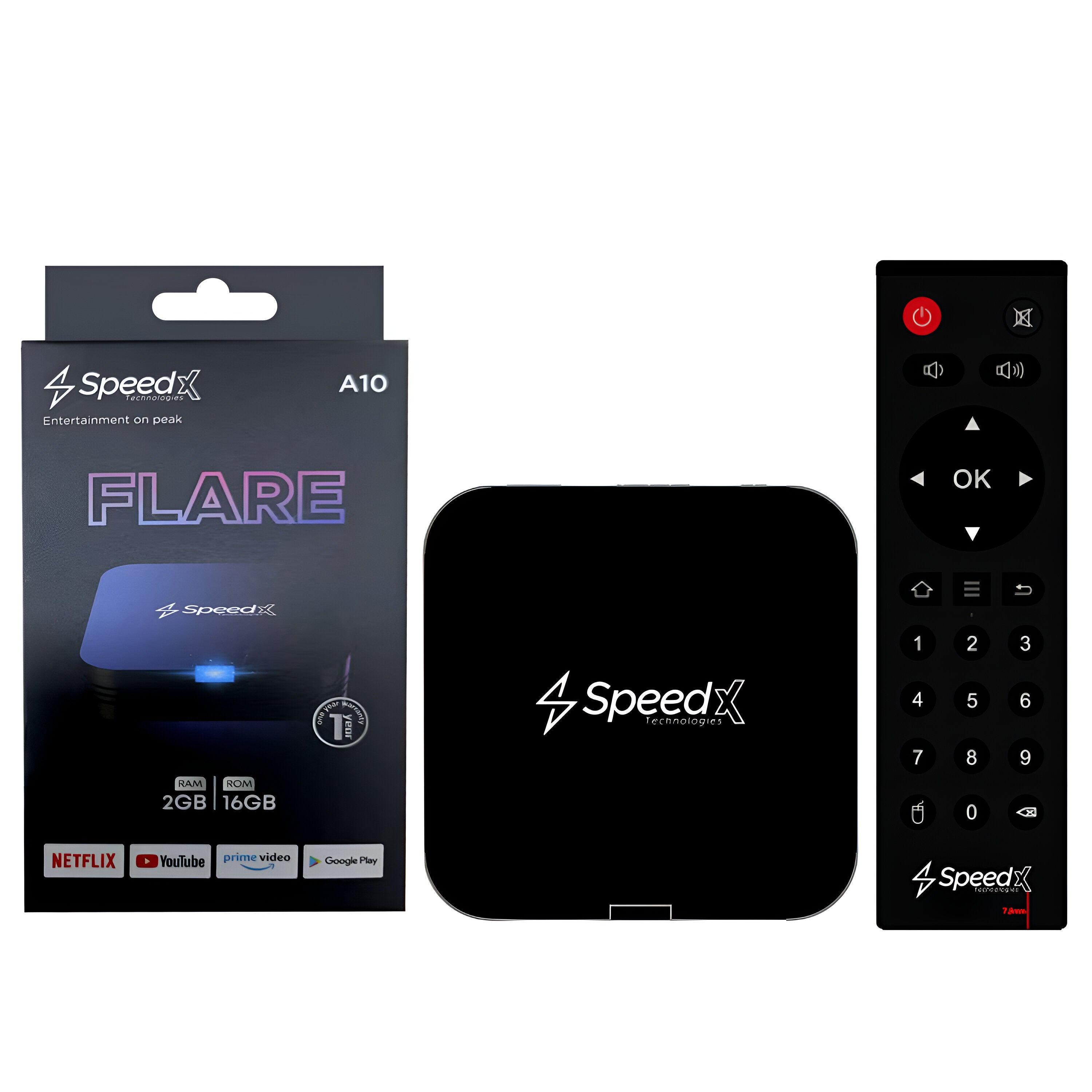 SpeedX entertainment device with packaging, device, and remote on a white background