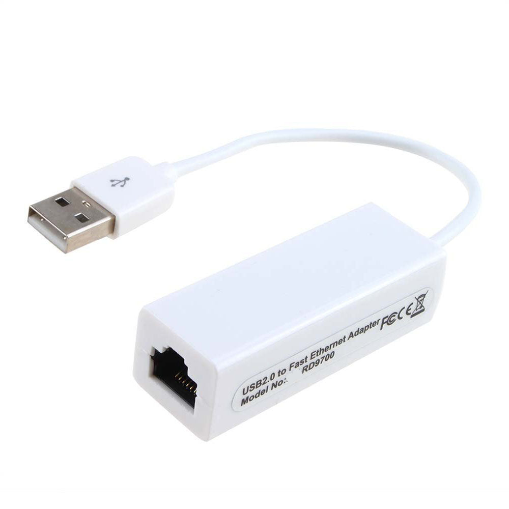 USB to Ethernet adapter with cable on a white background