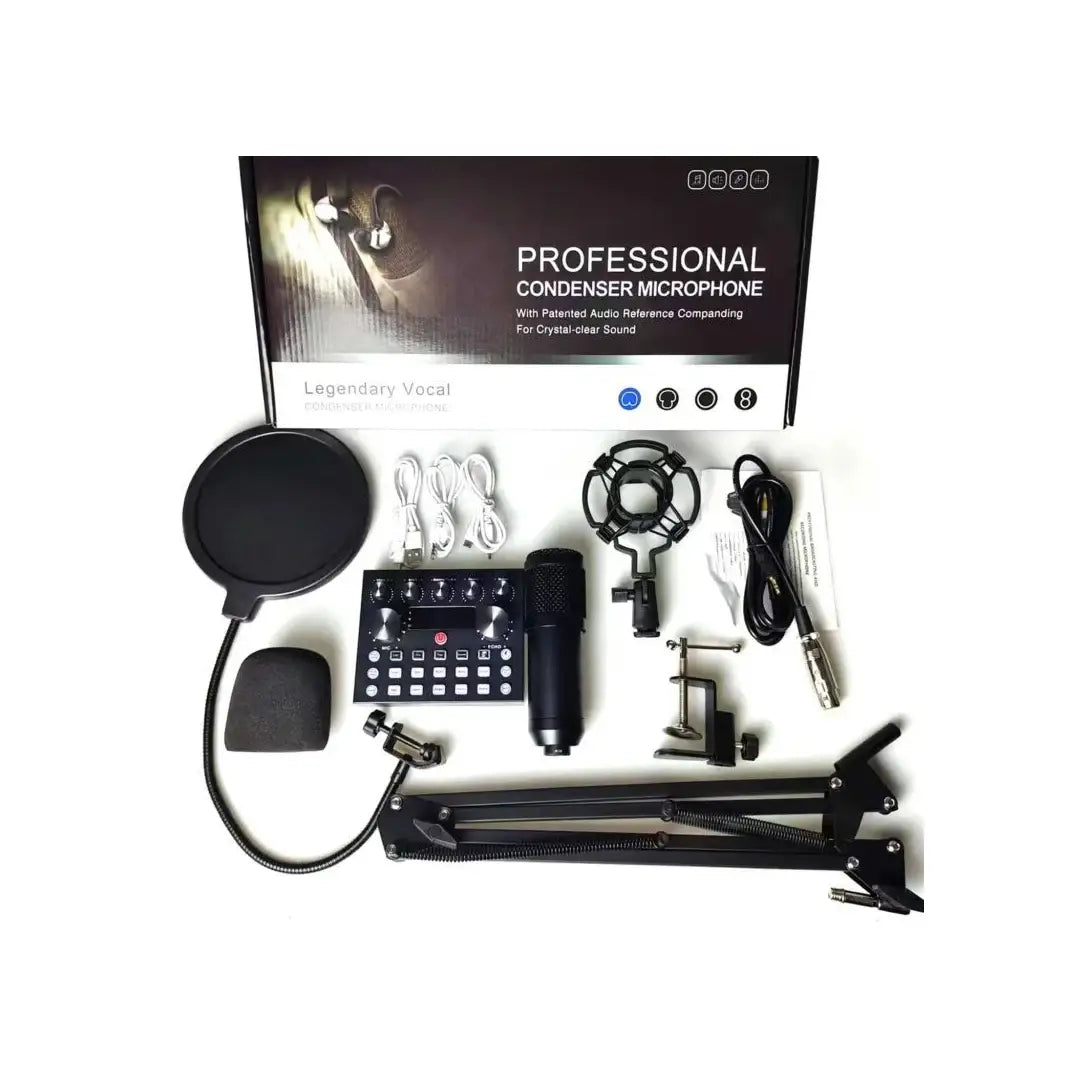 Professional condenser microphone set with accessories on a white background