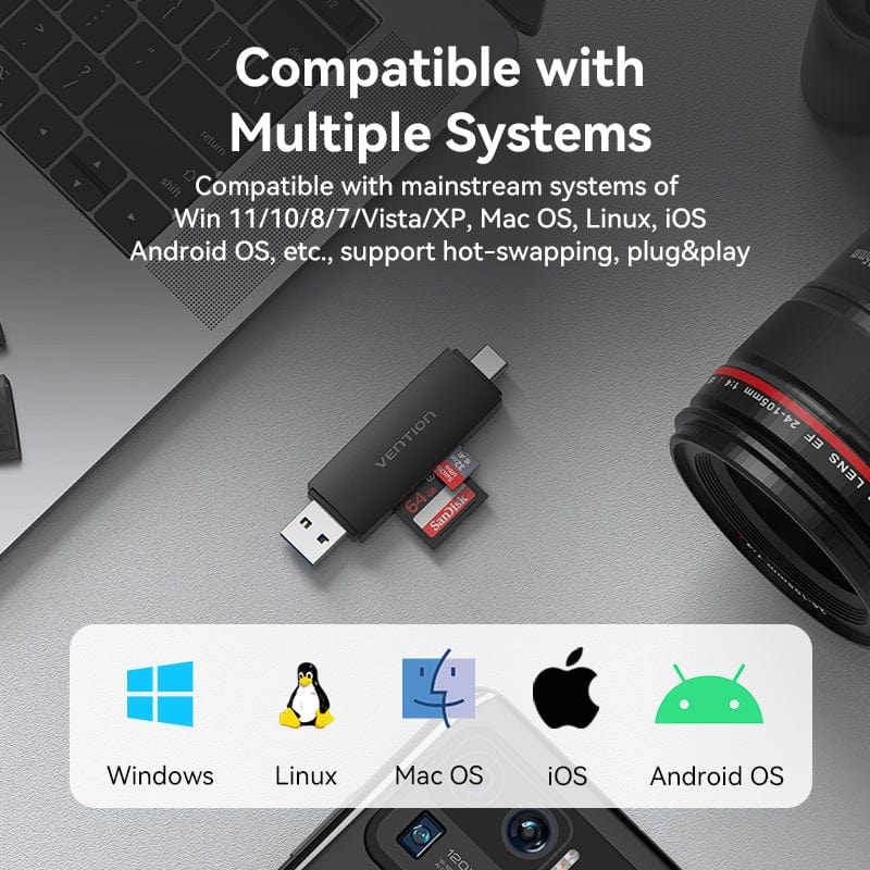 Vention 2-in-1 USB 3.0 A+C Card Reader(SD+TF) Black Dual Drive Letter