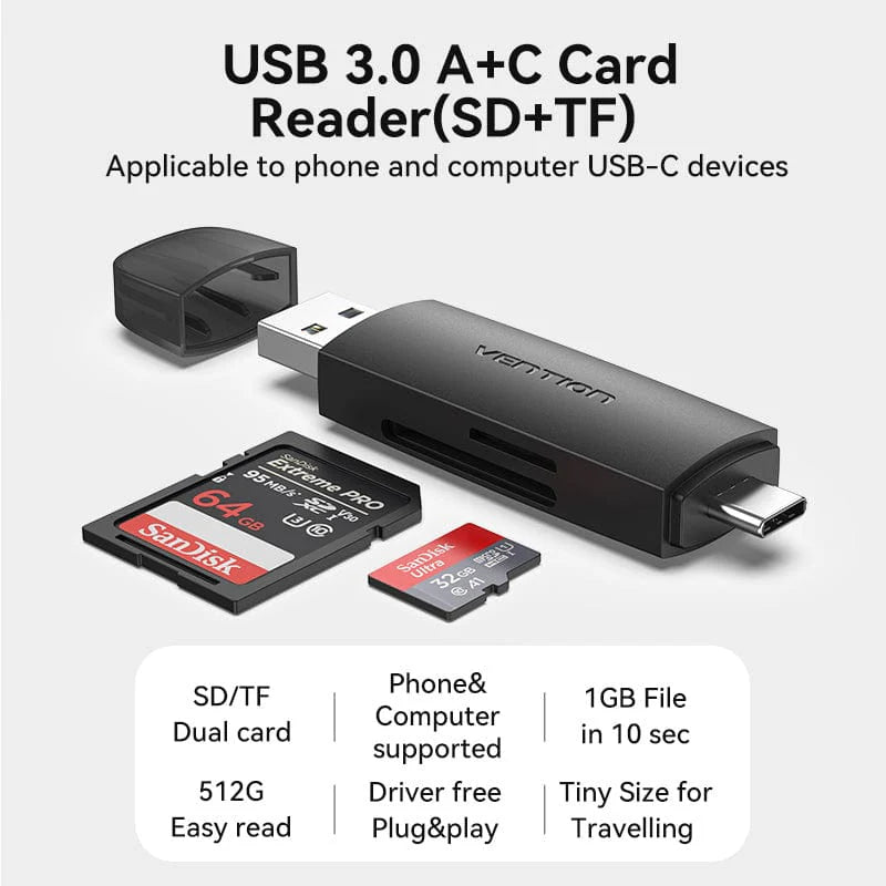 Vention 2-in-1 USB 3.0 A+C Card Reader(SD+TF) Black Dual Drive Letter