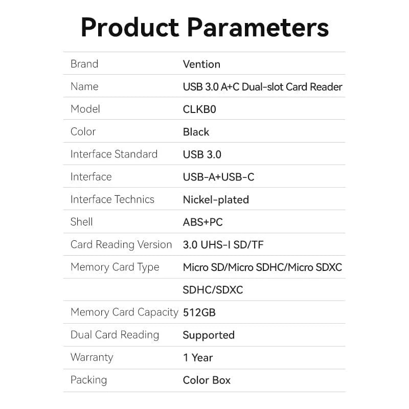 Vention 2-in-1 USB 3.0 A+C Card Reader(SD+TF) Black Dual Drive Letter