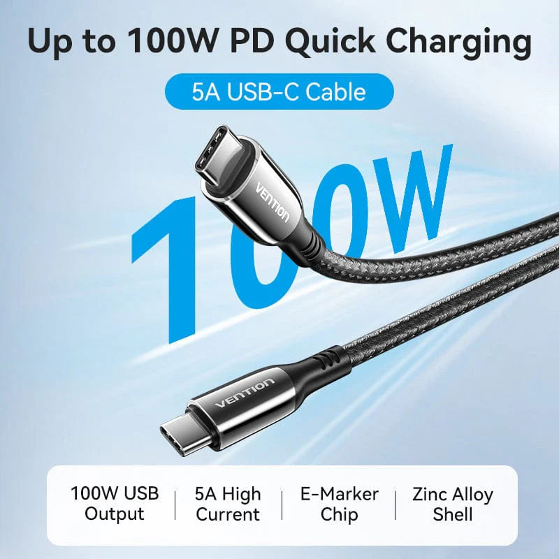 Cotton Braided USB 2.0 C Male to C Male 5A Cable 1.2M Gray Zinc Alloy Type