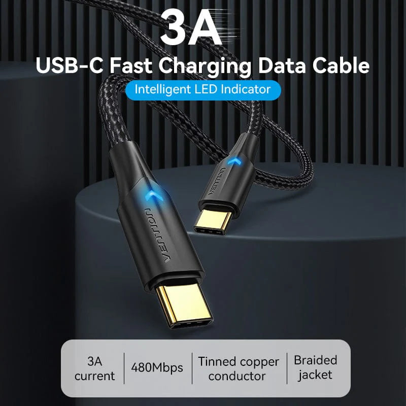 Cotton Braided USB 2.0 C Male to C Male 3A Cable 1M Gray Aluminum Alloy Type LED LIGHT INDICATOR GOLD PLATED INTERFACE