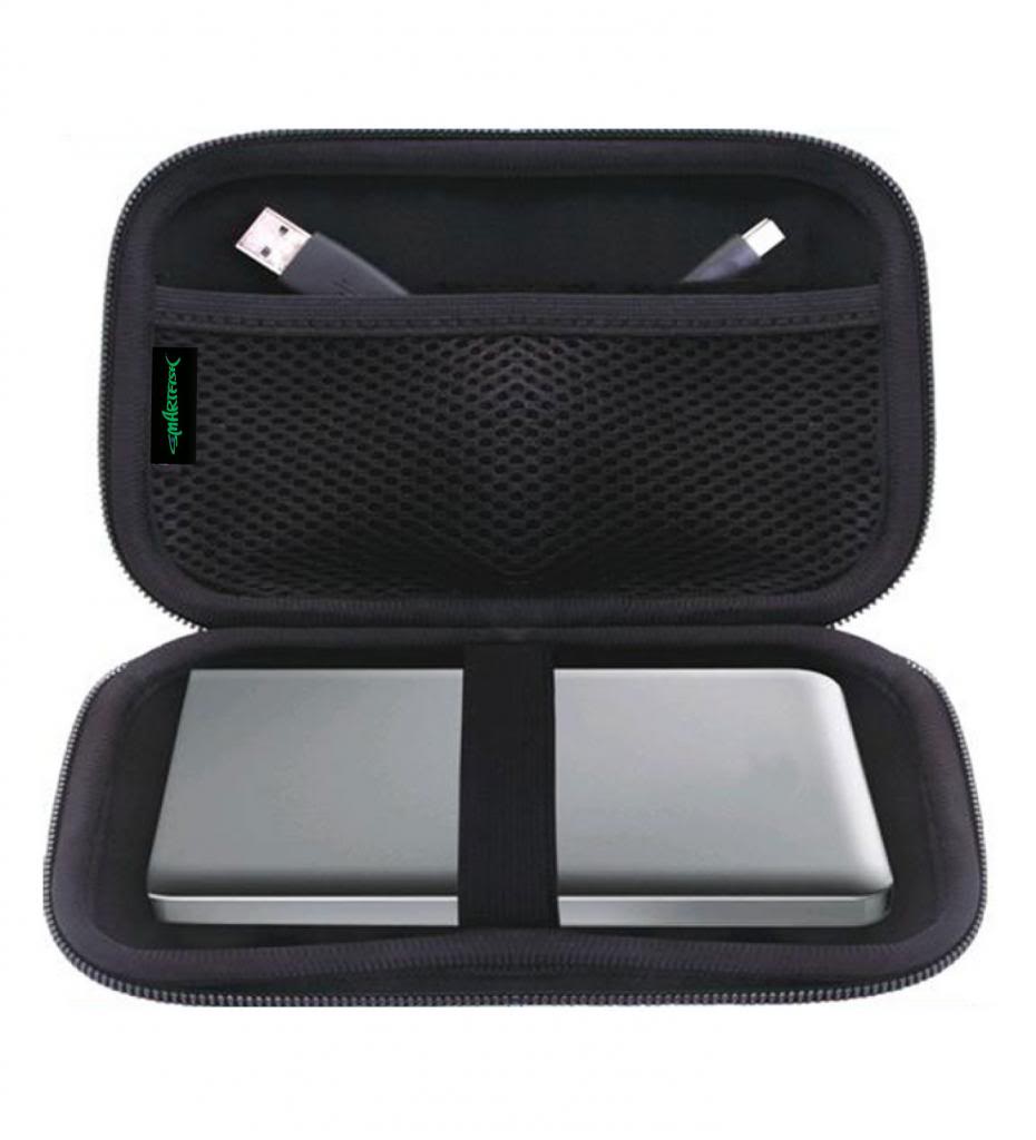 Black carrying case with two metallic devices inside on a white background