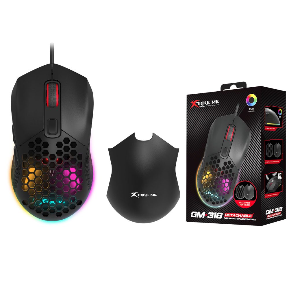 Gaming mouse with RGB lighting, wrist rest, and packaging on a white background