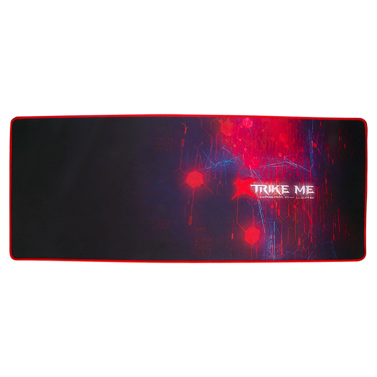 Gaming mouse pad with red and blue abstract design and 'TRIKE ME' text on a white background