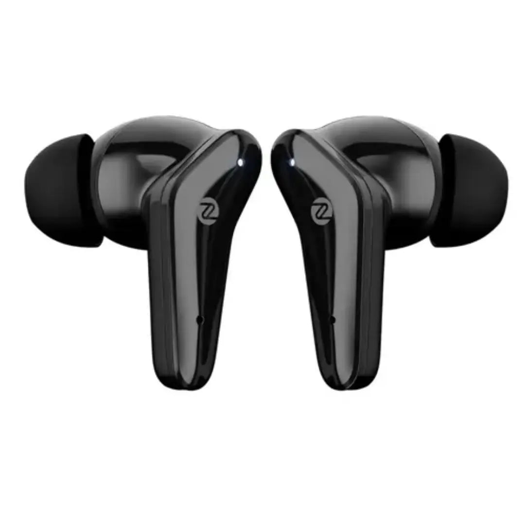 Black wireless earbuds on a white background